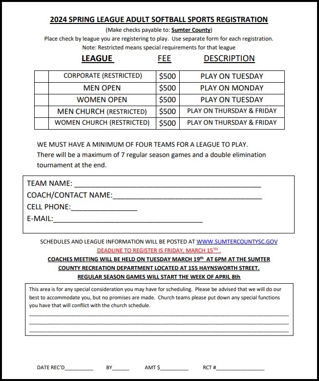 Spring 2024 Adult Softball Registration Form 
